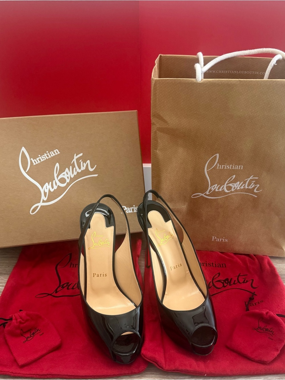 Christian Louboutin Black Patent Leather Peep-Toe Slingback Pumps